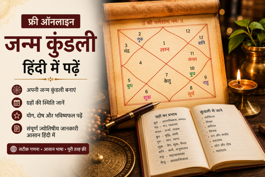 Free Online Janam Kundli in Hindi Reading का इन्फोग्राफिक जिसमें जन्म कुंडली, ग्रहों की स्थिति, योग, दोष और भविष्यफल की जानकारी दिखाई गई है।