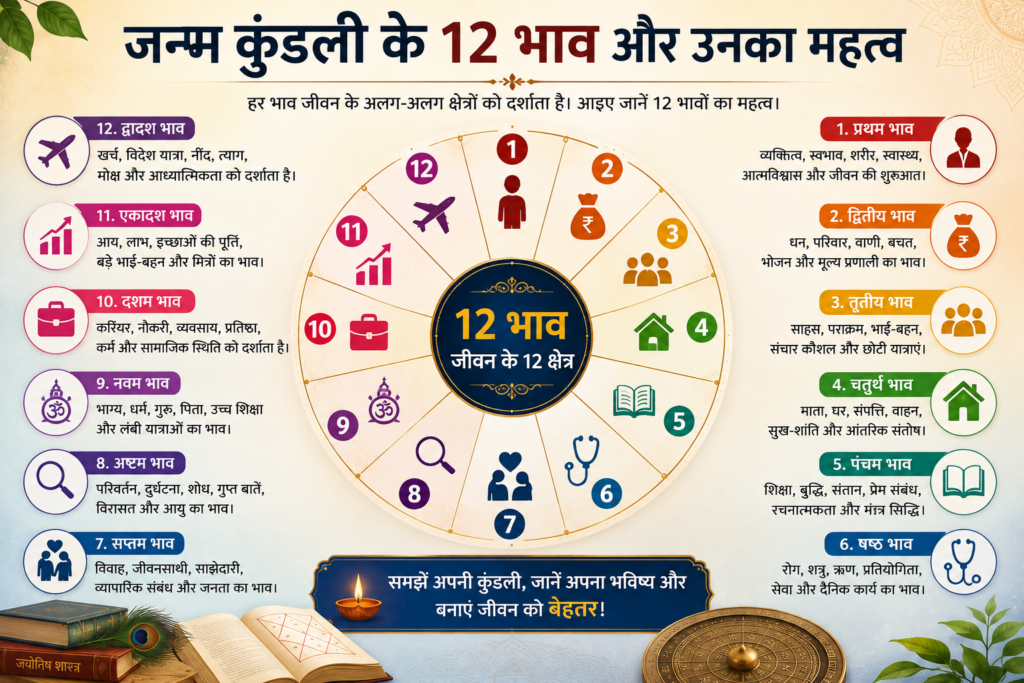जन्म कुंडली के 12 भाव (12 Houses) और उनका महत्व समझाता हिंदी इन्फोग्राफिक जिसमें प्रत्येक भाव का जीवन पर प्रभाव बताया गया है।