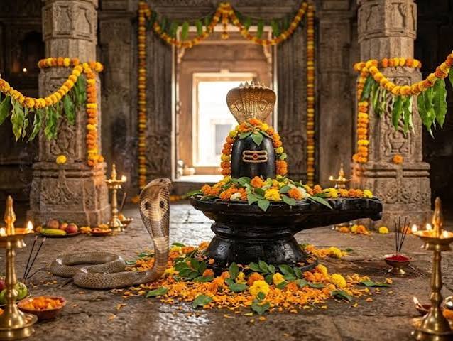 Nag Panchami 2026 puja setup featuring Nag Devta idol, kalash, incense sticks, fruits, milk, and other puja samagri for worship.