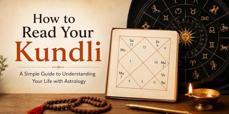 Illustration explaining the main parts of a Kundali, including the 12 houses, zodiac signs, Lagna, and Navagraha in Vedic astrology."